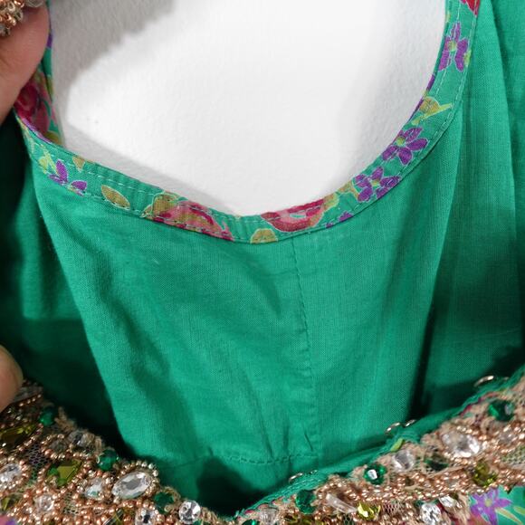 Vintage Plenty by Tracy Reese Green Floral Crystal Beaded Cotton Mini Dress 8 - Picture 14 of 16